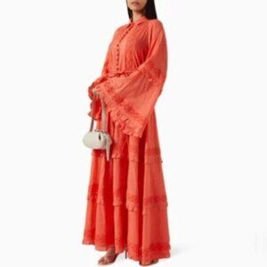 NWT Joslin Coral Oversized Bohemian Bell Sleeve Tiered Ruffle Maxi Dress